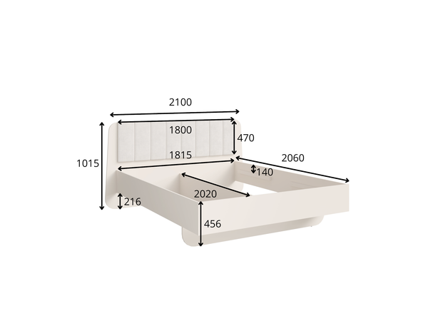 Łóżko TERRA 32 beżowe z ramą 210 × 206 cm, rysunek techniczny z wymiarami