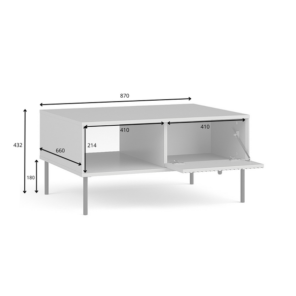 Stolik kawowy SORA 87 × 66 cm szary z podnoszoną klapą i schowkiem, rysunek techniczny z wymiarami