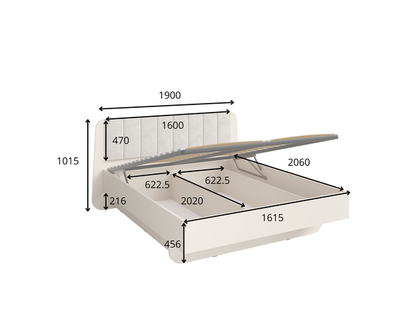 Łóżko TERRA 81 beżowe wzmocnione z ramą 190 × 206 cm, rysunek techniczny z wymiarami