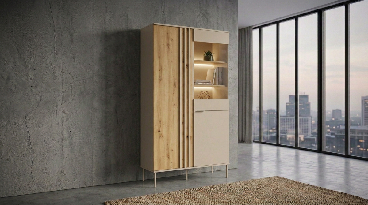 Witryna LATTE 110 cm z oświetleniem beżowa z dębem artisan