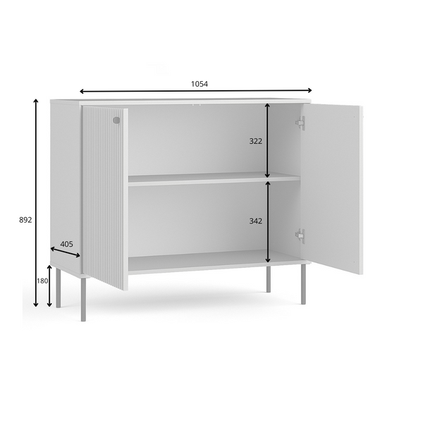 Komoda SORA 105 cm szara ryflowana dwudrzwiowa, rysunek techniczny z wymiarami