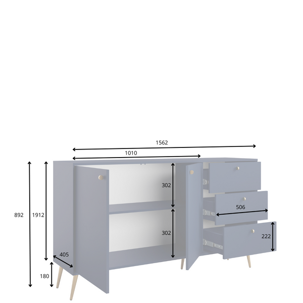 Komoda LAGUNA 156 cm granatowa ze złotymi nogami i szufladami, rysunek techniczny z wymiarami