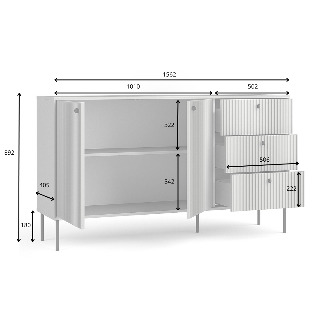 Rysunek techniczny z wymiarami: Komoda SORA 156 cm szara ryflowana z szufladami