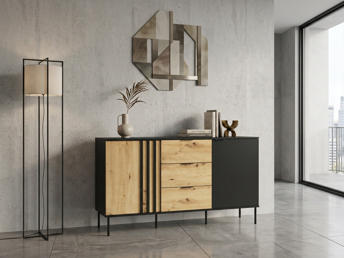 Komoda NOTTE 165 cm czarna z dębem artisan i szufladami