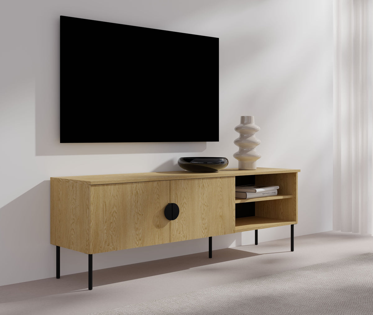 Szafka RTV ROVERE 160 cm dąb z czarnymi uchwytami na metalowych nogach