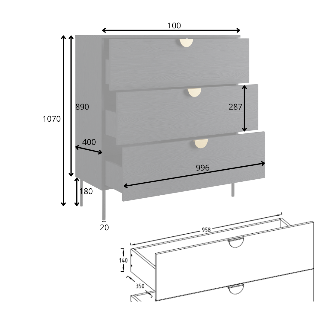 Rysunek techniczny z wymiarami: Komoda AURO 100 cm czarna z 3 szufladami
