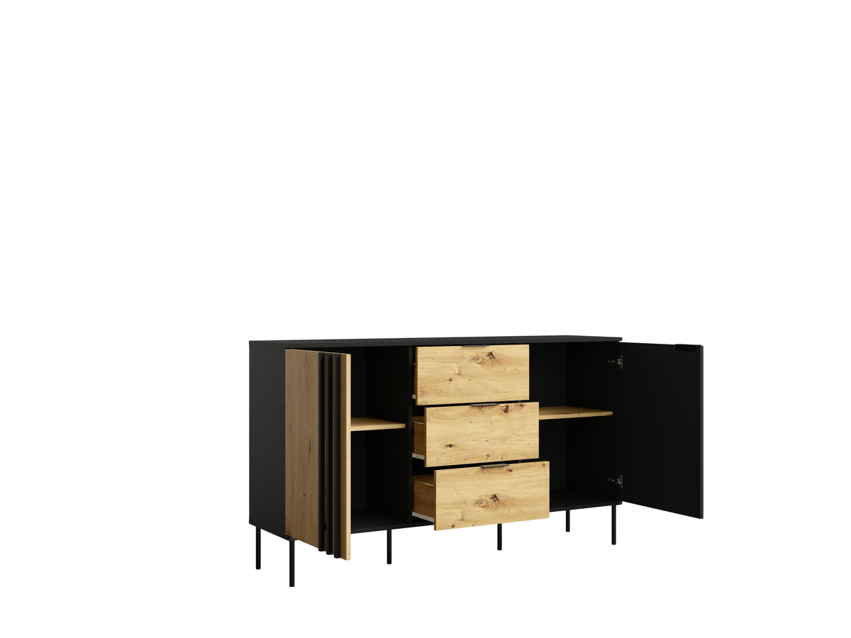 Komoda NOTTE 165 cm czarna z dębem artisan i szufladami