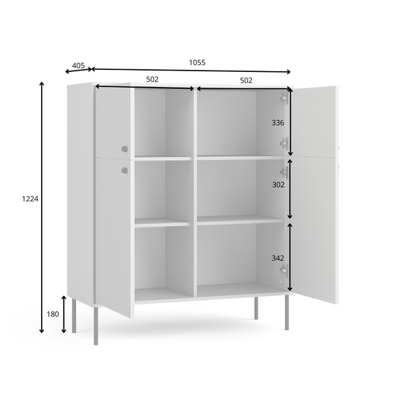 Kredens SORA 105 cm szary ryflowany czterodrzwiowy, rysunek techniczny z wymiarami