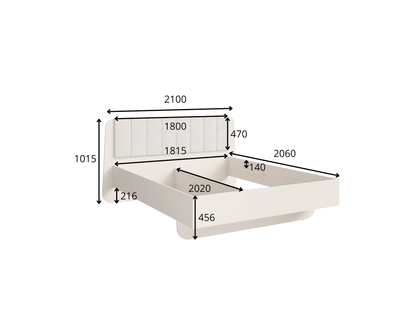 Rysunek techniczny z wymiarami: Łóżko TERRA 32 beżowe z ramą 210 × 206 cm