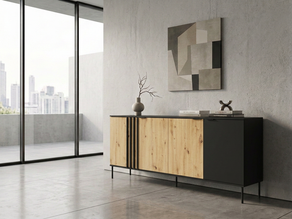 Komoda NOTTE 220 cm czarna z dębem artisan lamelowa