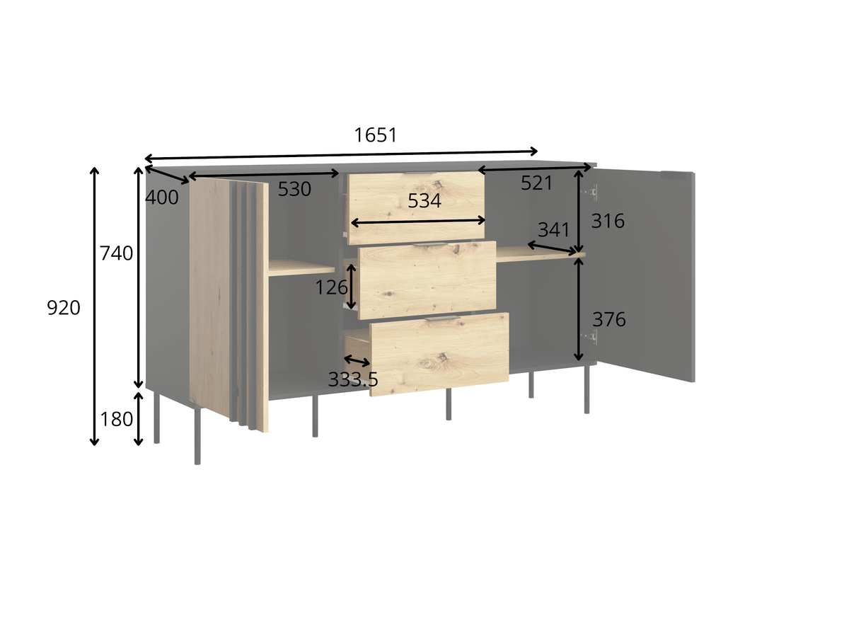 Rysunek techniczny z wymiarami: Komoda NOTTE 165 cm czarna z dębem artisan i szufladami (widok 2)