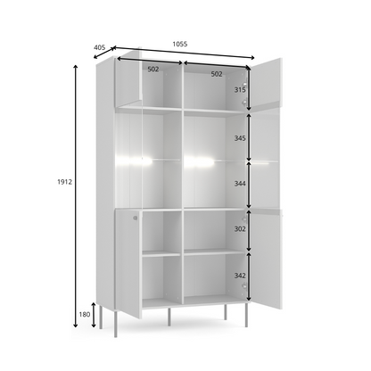 Rysunek techniczny z wymiarami: Witryna SORA 105 cm szara ryflowana na metalowych nogach