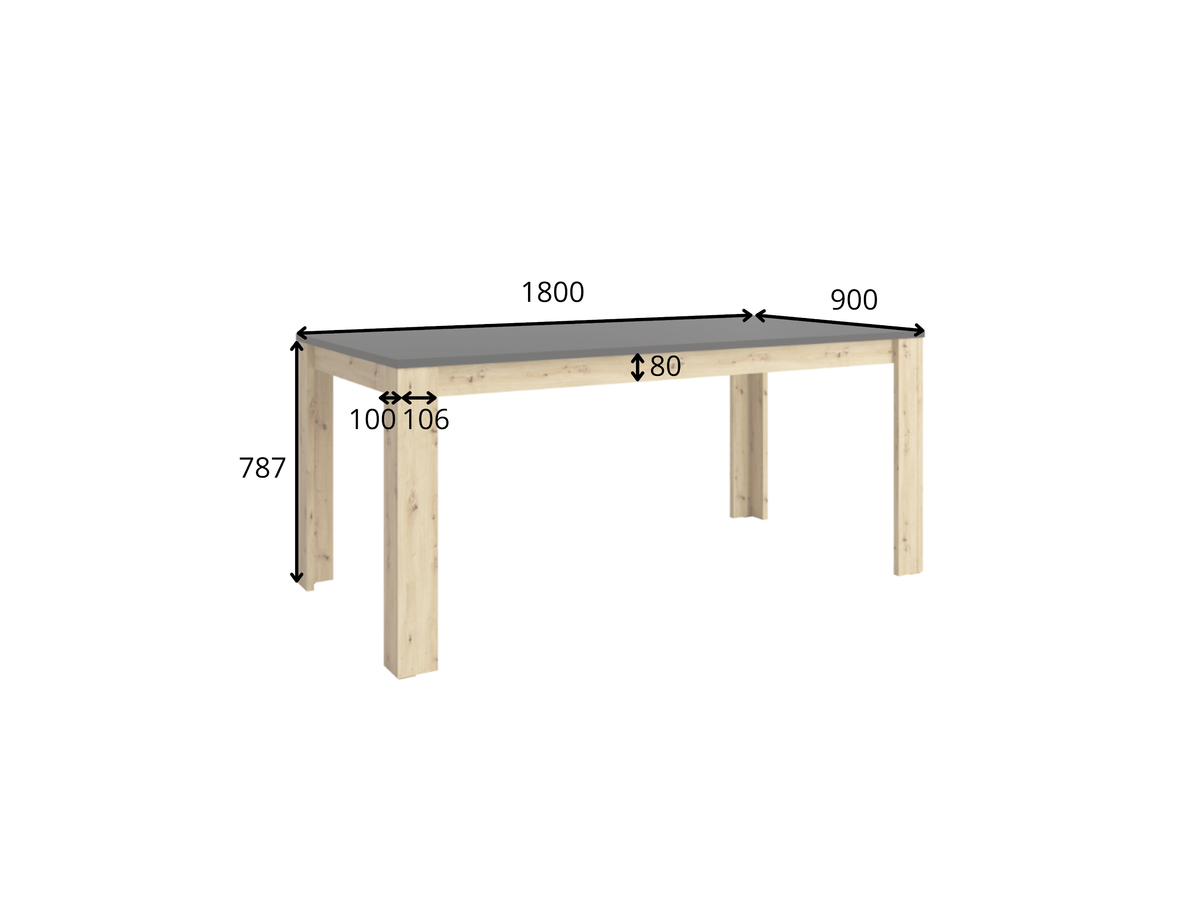 Rysunek techniczny z wymiarami: Stół LATTE 180 × 90 cm beżowy z nogami w dekorze dębu