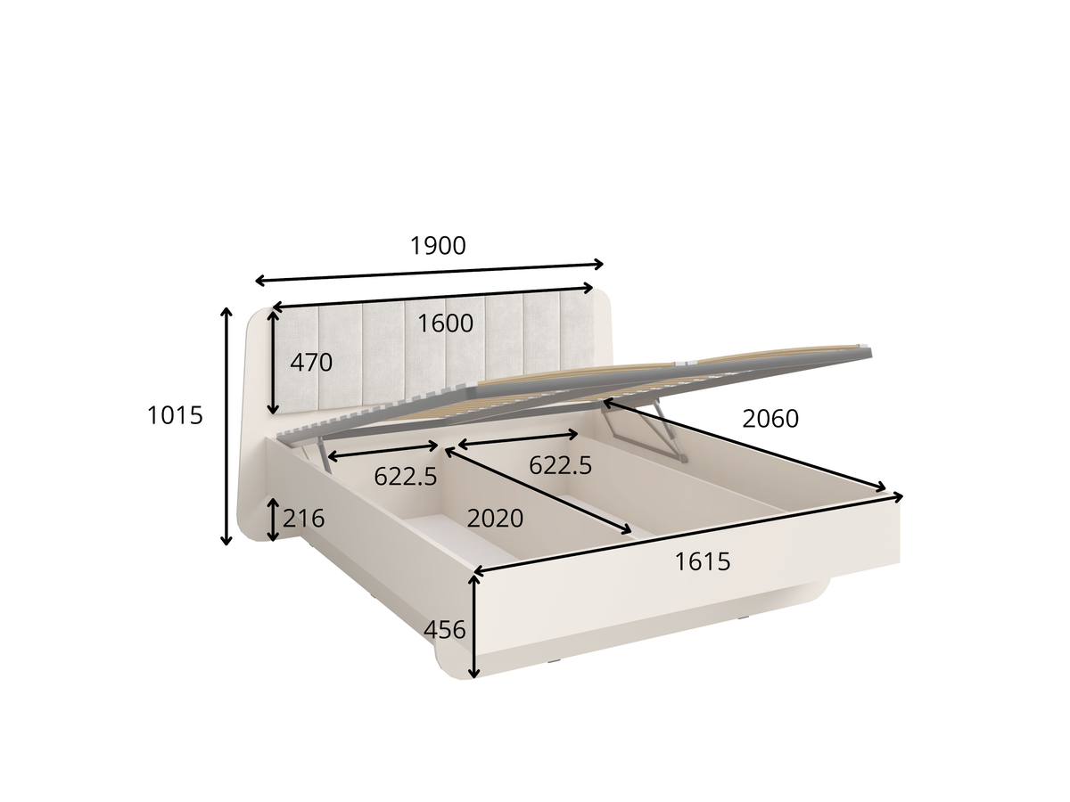 Rysunek techniczny z wymiarami: Łóżko TERRA 81 beżowe wzmocnione z ramą 190 × 206 cm