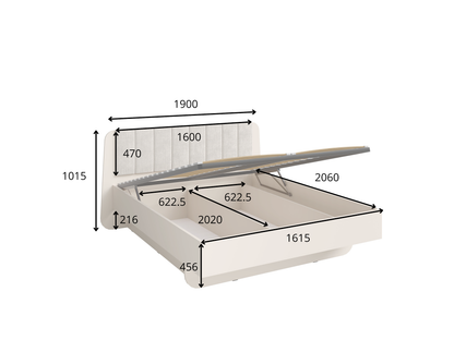 Rysunek techniczny z wymiarami: Łóżko TERRA 81 beżowe wzmocnione z ramą 190 × 206 cm