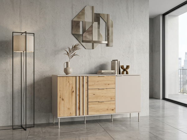 Komoda LATTE 165 cm beżowa z dębem artisan i szufladami