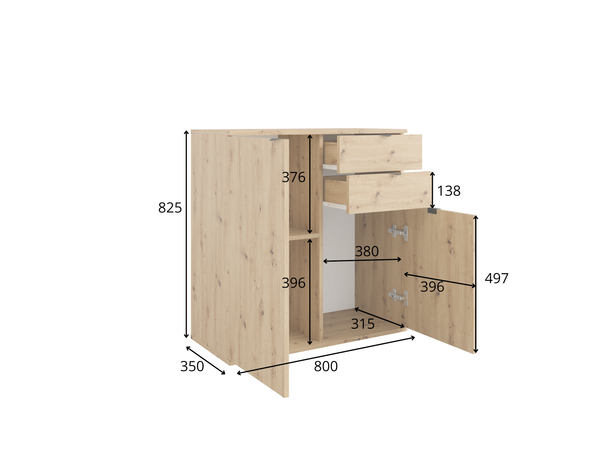 Komoda MODO 80 cm beżowa z szufladami, rysunek techniczny z wymiarami