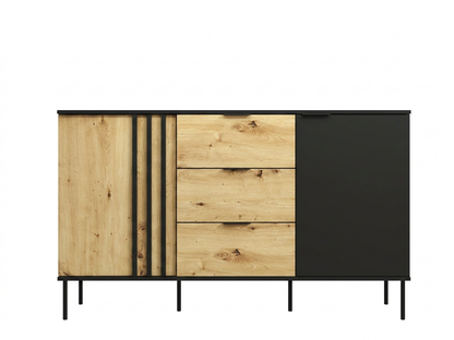Komoda NOTTE 165 cm czarna z dębem artisan i szufladami, widok z przodu