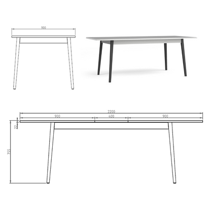 Rysunek techniczny z wymiarami: Stół rozsuwany SORA 180–220 cm szary do jadalni