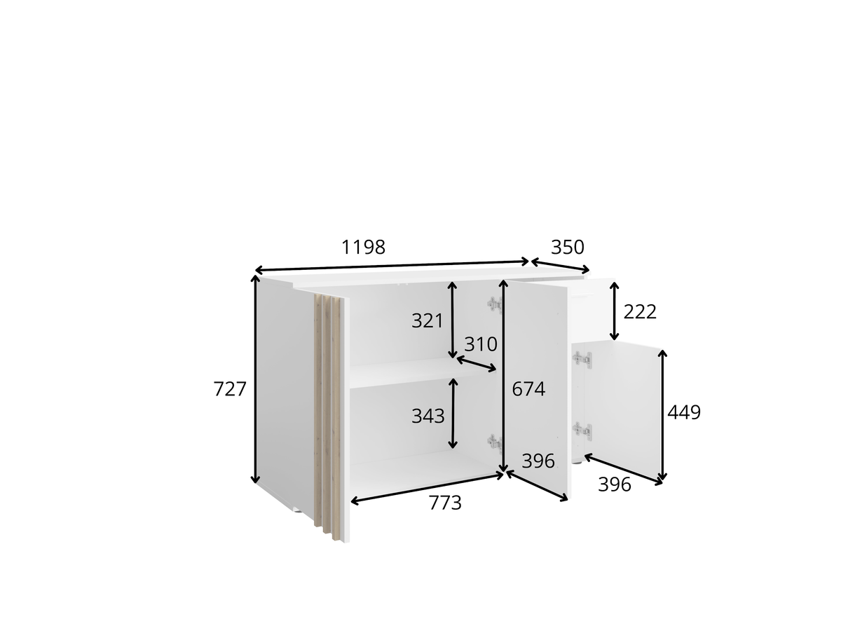 Rysunek techniczny z wymiarami: Komoda PURO 120 cm czarna lamelowa