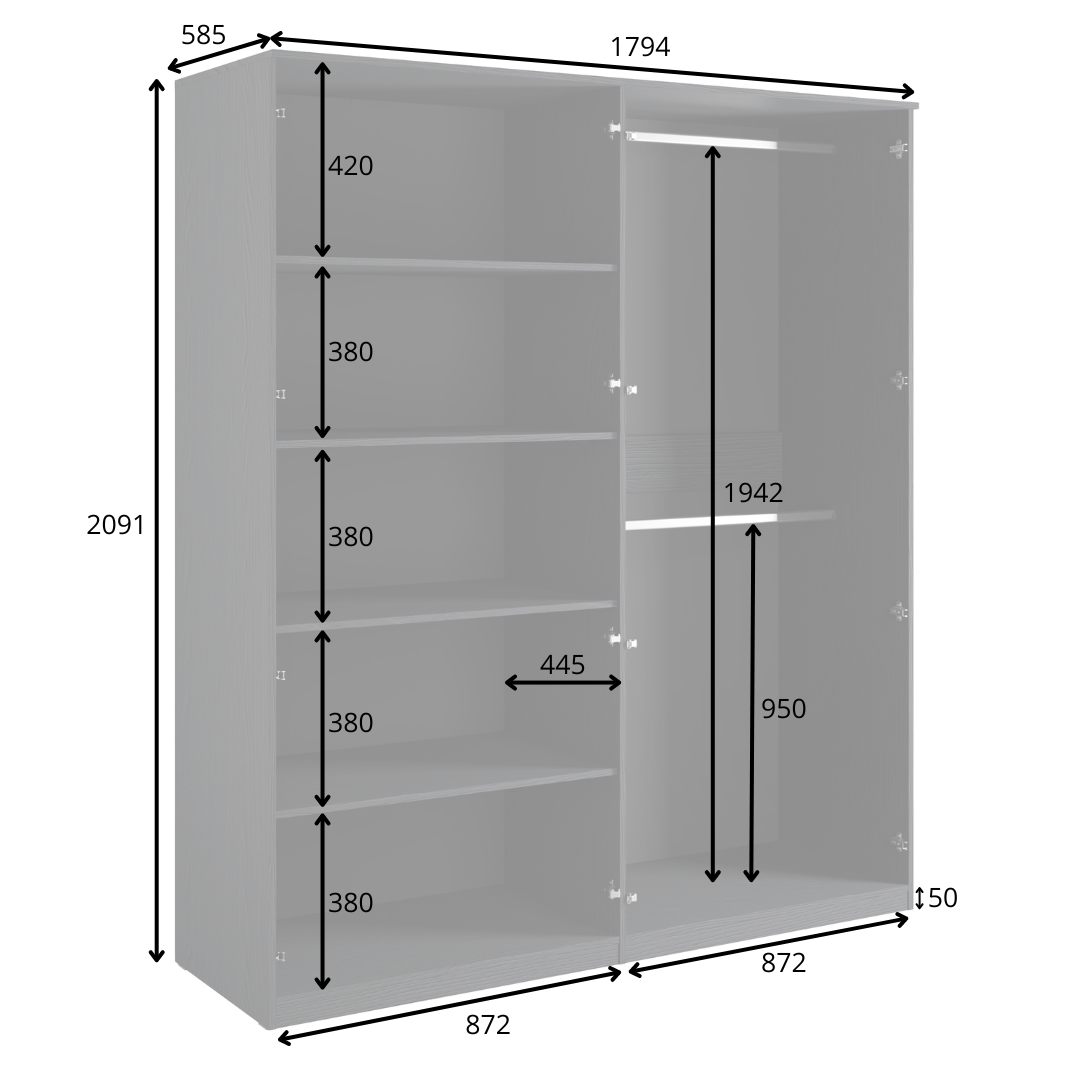 Rysunek techniczny z wymiarami: Szafa AURO 179 cm czarna czterodrzwiowa ze złotymi uchwytami