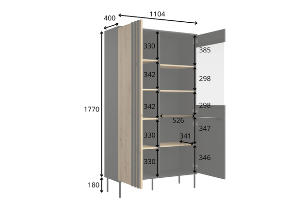 Witryna NOTTE 110 cm czarna z dębem artisan lamelowa, rysunek techniczny z wymiarami