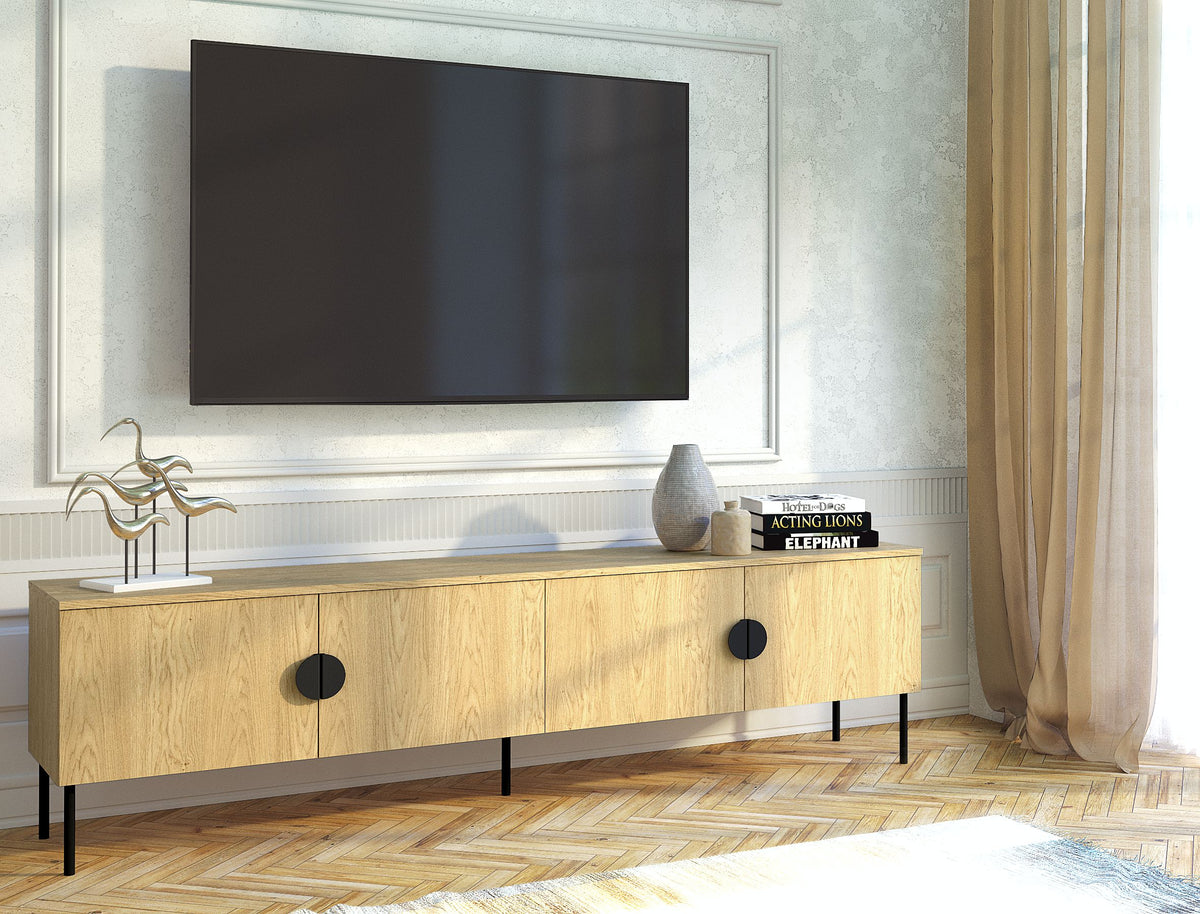 Szafka RTV ROVERE 200 cm w kolorze dąb z czterema drzwiami i metalowymi nogami