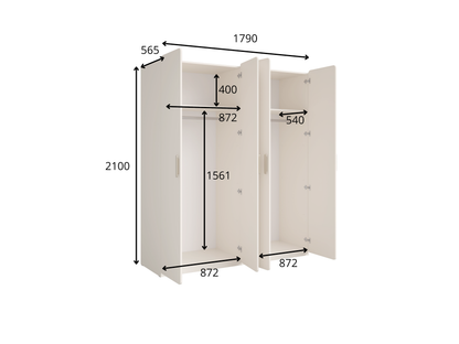 Rysunek techniczny z wymiarami: Szafa TERRA 179 cm beżowa czterodrzwiowa do sypialni