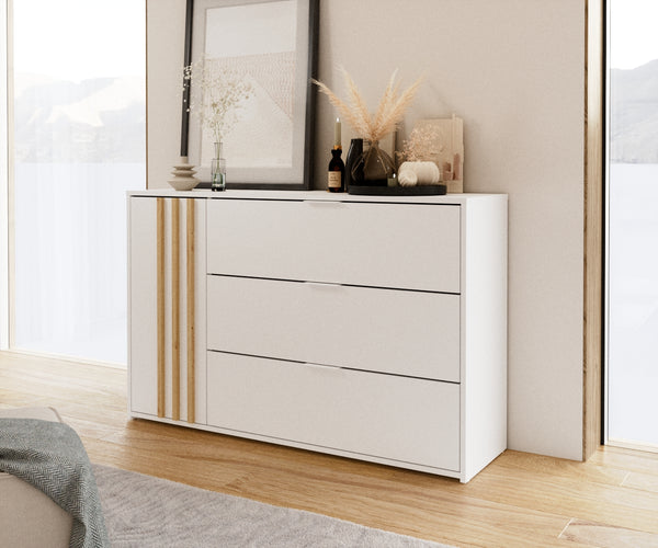 Komoda BIANCA 125 cm biała z lamelami w kolorze dąb artisan