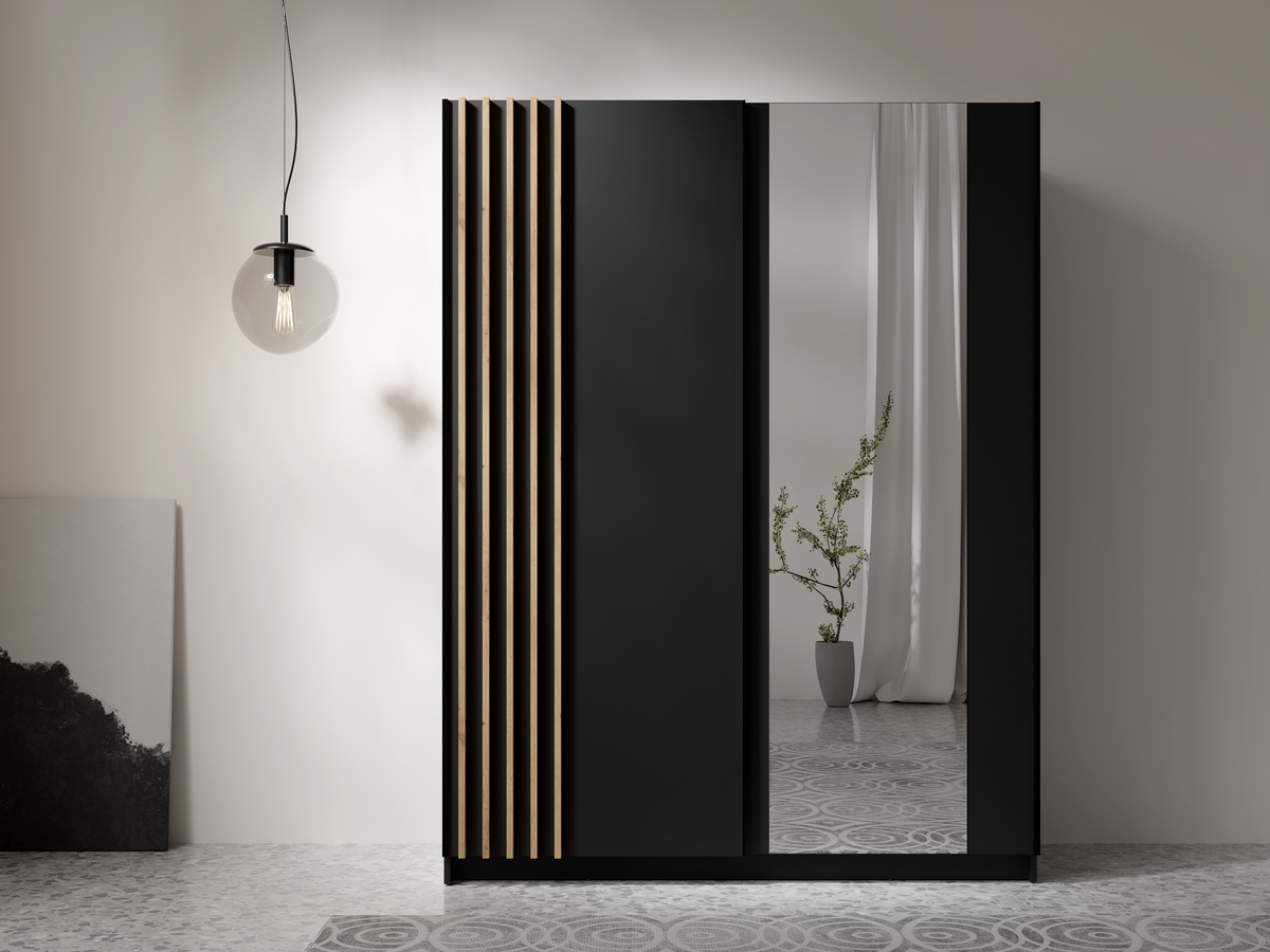 Szafa przesuwna STRIA 150,6 cm czarna z lamelami i lustrem