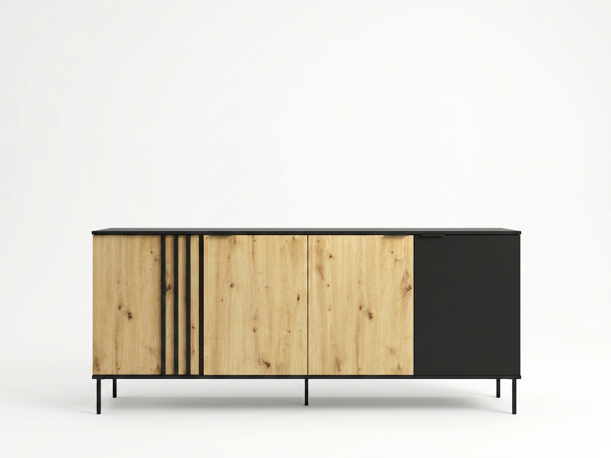 Komoda NOTTE 220 cm czarna z dębem artisan lamelowa, widok z przodu
