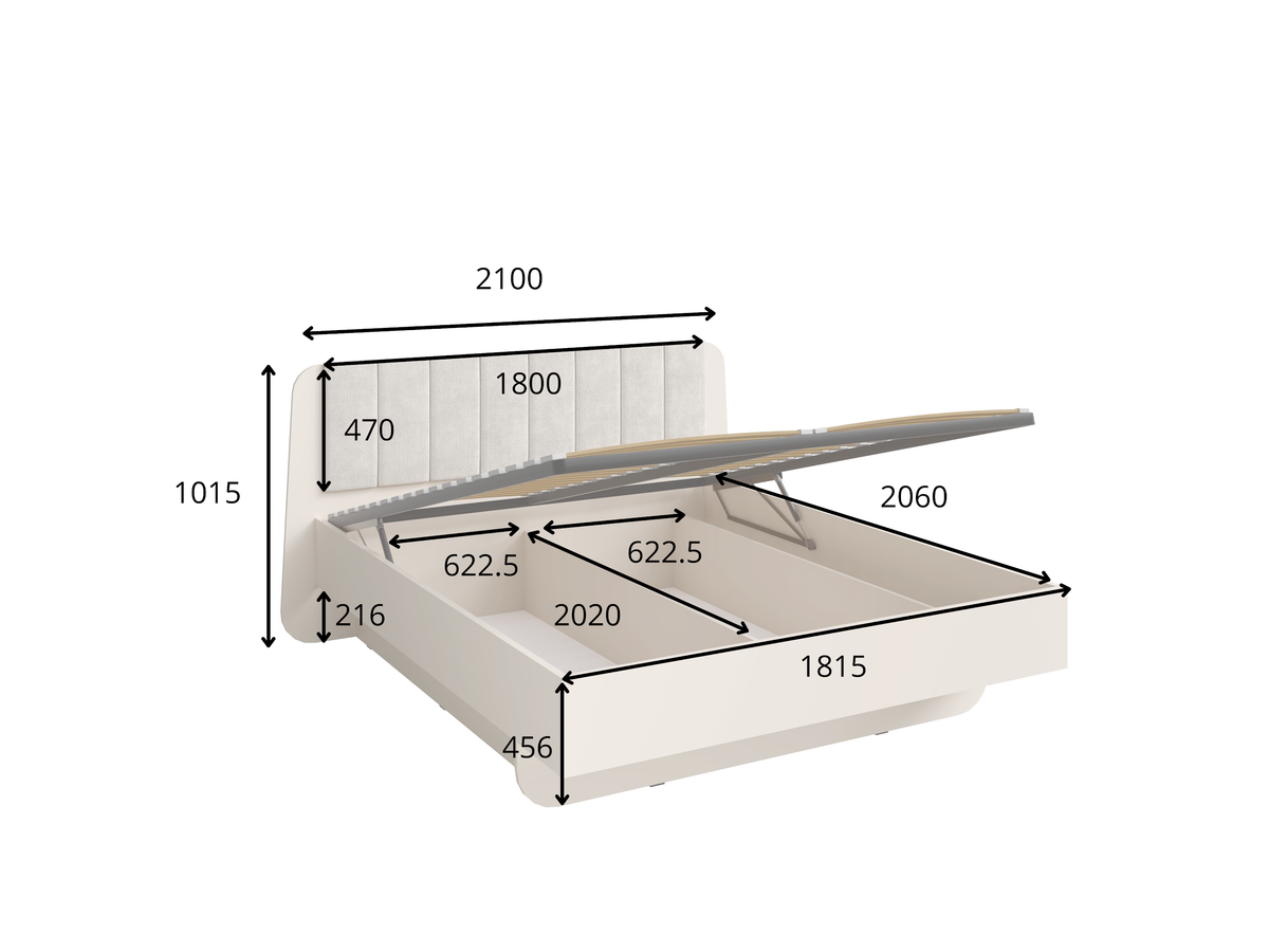 Rysunek techniczny z wymiarami: Łóżko TERRA 82 beżowe wzmocnione z ramą 210 × 206 cm