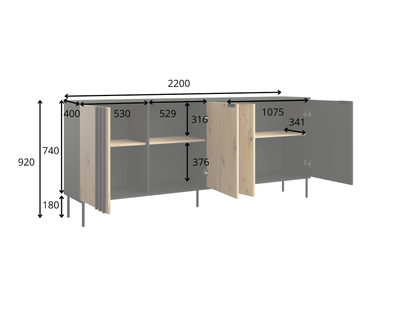 Rysunek techniczny z wymiarami: Komoda LATTE 220 cm beżowa z dębem artisan lamelowa (widok 2)