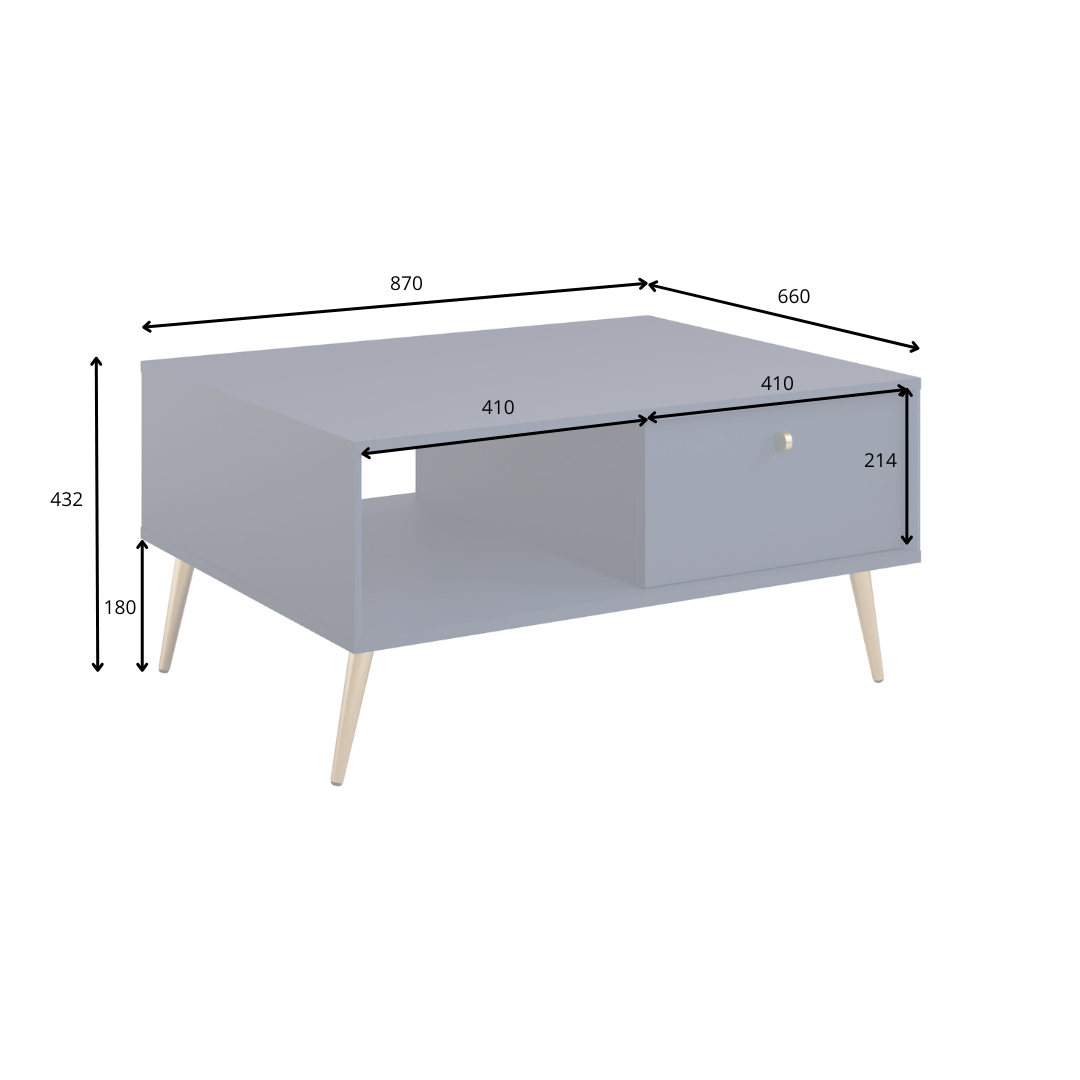 Rysunek techniczny z wymiarami: Stolik kawowy DUNA 87 × 66 cm beżowy ze złotymi nogami