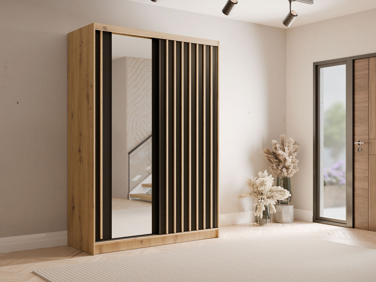 Szafa przesuwna LINEA 150 cm w kolorze dąb artisan z lustrem i lamelami