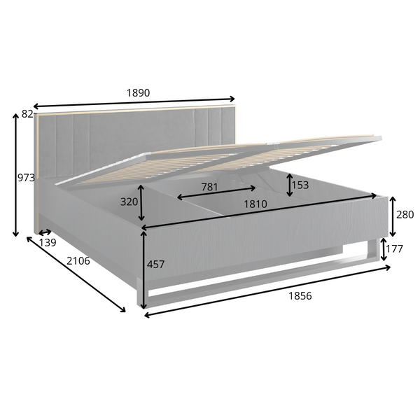 Łóżko AURO II 82 pod materac 180 cm czarne wzmocnione, rysunek techniczny z wymiarami