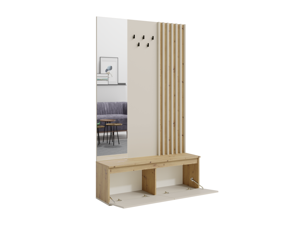 Garderoba ATRIO 120 cm z lamelami, lustrem i wieszakami, dąb artisan z beżem