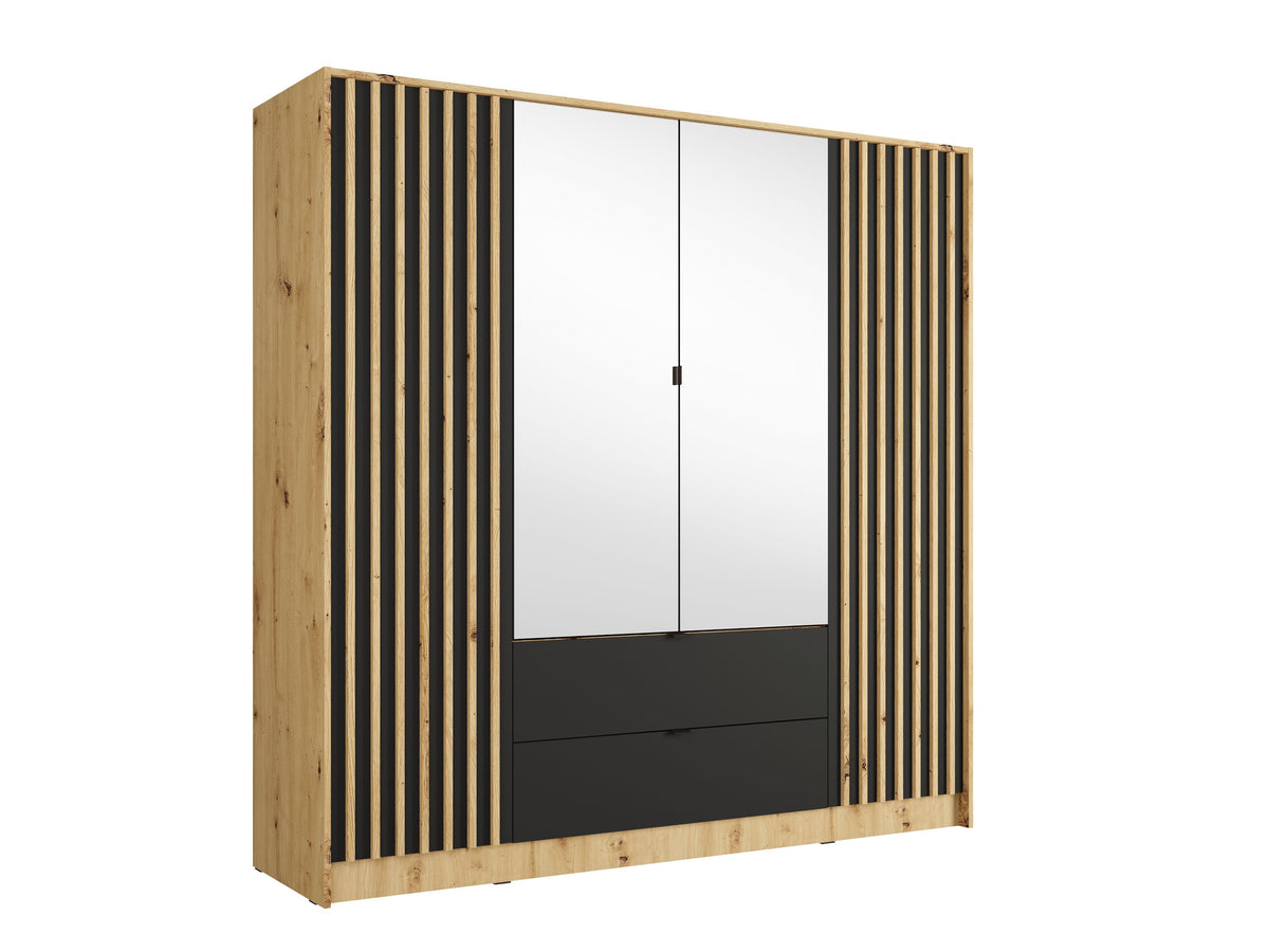 Szafa VENA 200 cm dąb artisan z czernią z lamelami, lustrem i dwiema szufladami, ujęcie 2