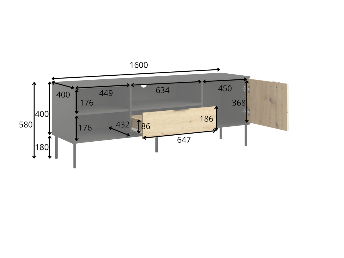 Rysunek techniczny z wymiarami: Szafka RTV NOTTE 160 cm czarna z dębem artisan (widok 2)