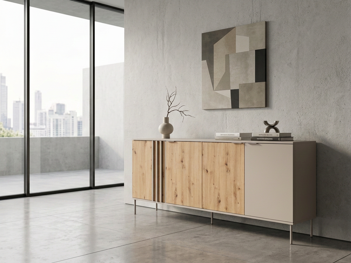 Komoda LATTE 220 cm beżowa z dębem artisan lamelowa, w aranżacji wnętrza