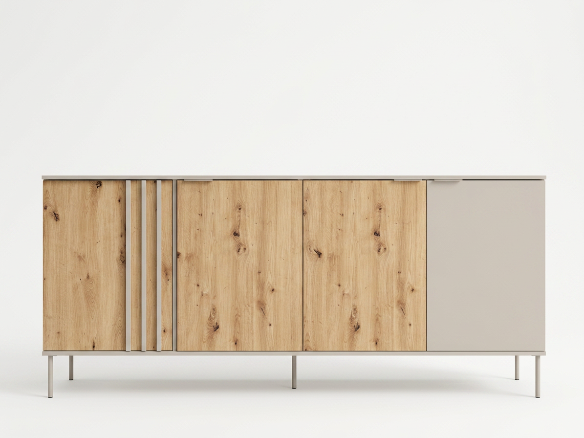 Komoda LATTE 220 cm beżowa z dębem artisan lamelowa, widok z przodu