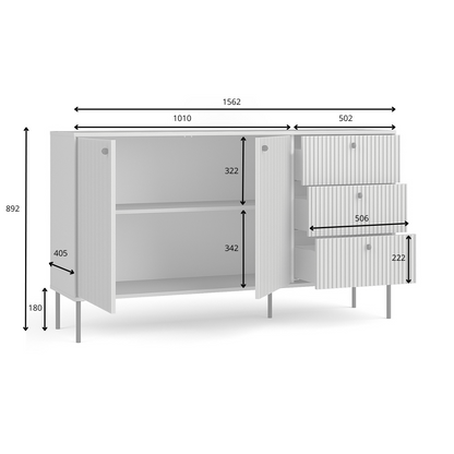 Rysunek techniczny z wymiarami: Komoda SORA 156 cm szara ryflowana z szufladami