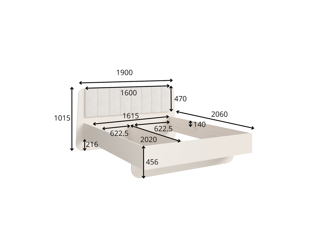Rysunek techniczny z wymiarami: Łóżko TERRA 31 beżowe z ramą 190 × 206 cm