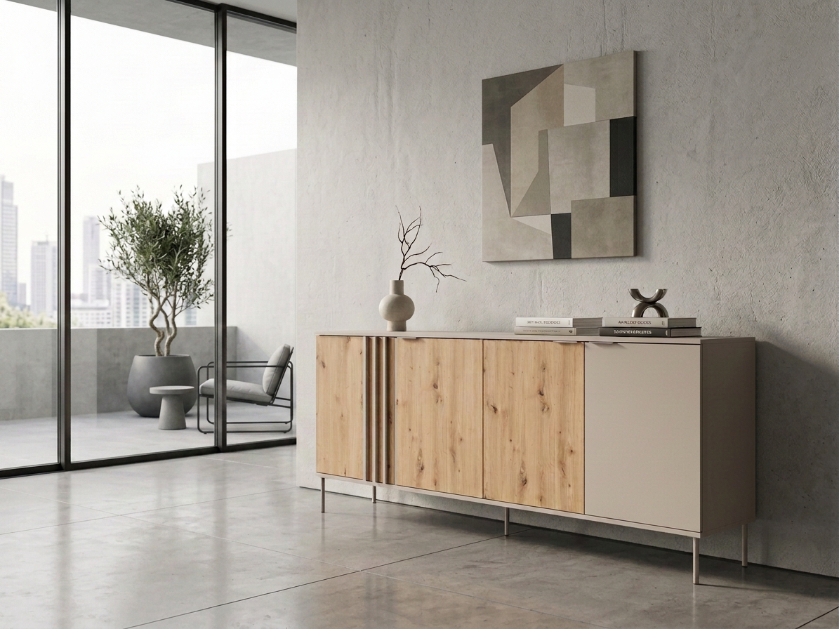 Komoda LATTE 220 cm beżowa z dębem artisan lamelowa, w aranżacji wnętrza, drugie ujęcie