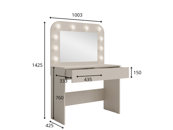 Toaletka MIRA 100 cm beżowa z szufladą, wysokość 142,5 cm, rysunek techniczny z wymiarami