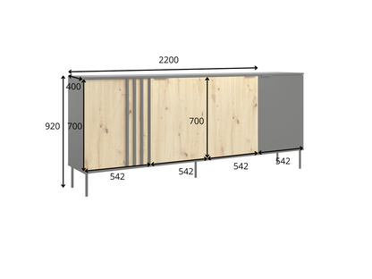 Rysunek techniczny z wymiarami: Komoda LATTE 220 cm beżowa z dębem artisan lamelowa (widok 1)