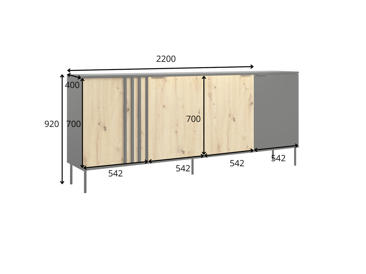 Rysunek techniczny z wymiarami: Komoda NOTTE 220 cm czarna z dębem artisan lamelowa (widok 1)
