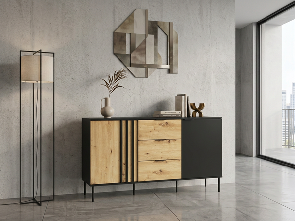 Komoda NOTTE 165 cm czarna z dębem artisan i szufladami