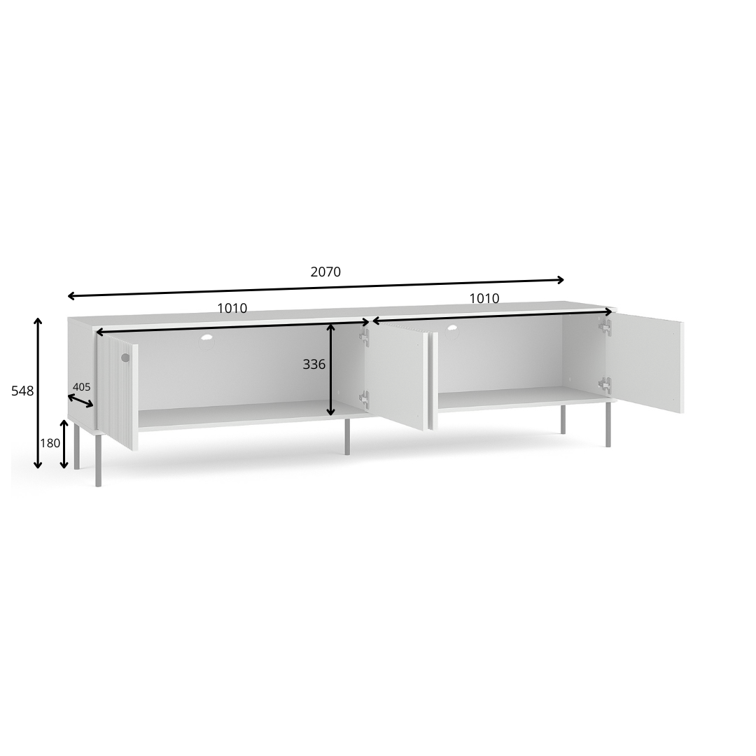 Rysunek techniczny z wymiarami: Szafka RTV SORA 207 cm szara ryflowana pod TV 75 cali