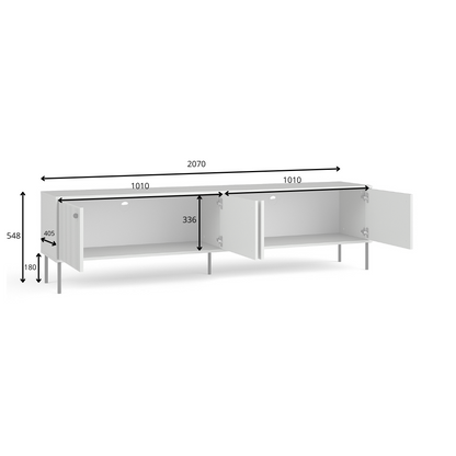 Rysunek techniczny z wymiarami: Szafka RTV SORA 207 cm szara ryflowana pod TV 75 cali